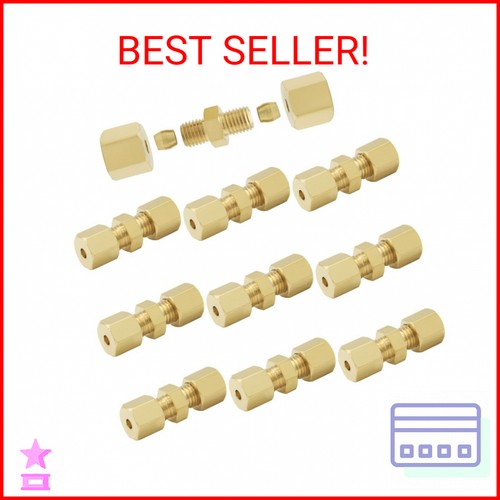 Hooshing 10PCS Brass Compression Fitting 3/16" Tube OD x 3/16" OD Union Connecto