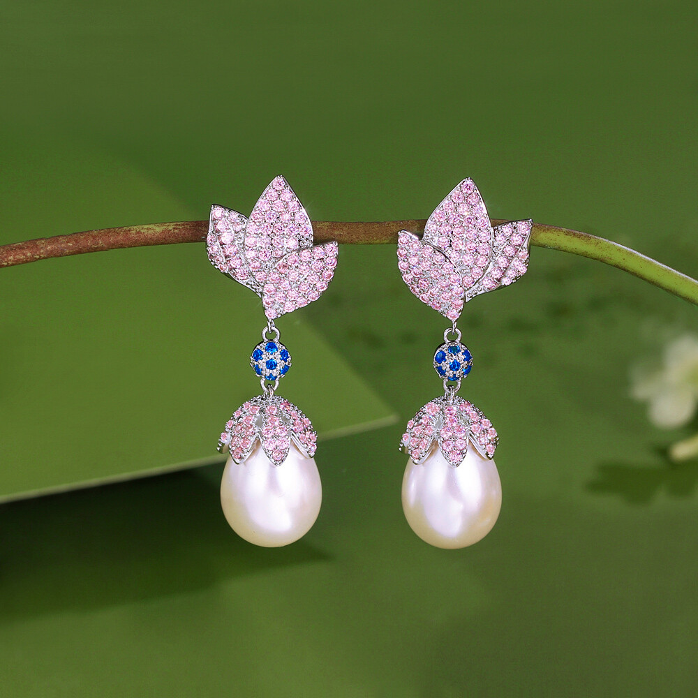 Pink Blue Micro Pave Cubic Zirconia Flower Pearl Drop Earrings for Women Party
