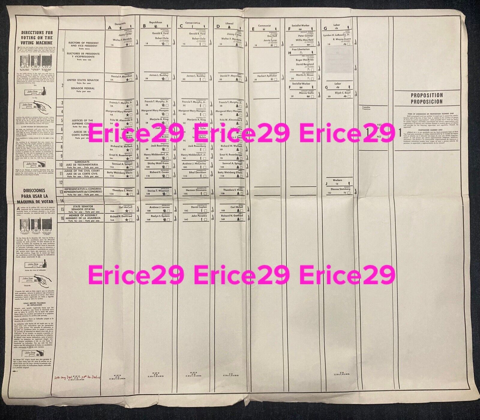 1976 Gerald Ford Jimmy Carter Election Day Voting Ballot Machine Sheet 42” x 36”