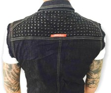 Jeans Weste Jeansweste Waistcoat Tailliert Niete Nieten Denim Schwarz Slim Fit