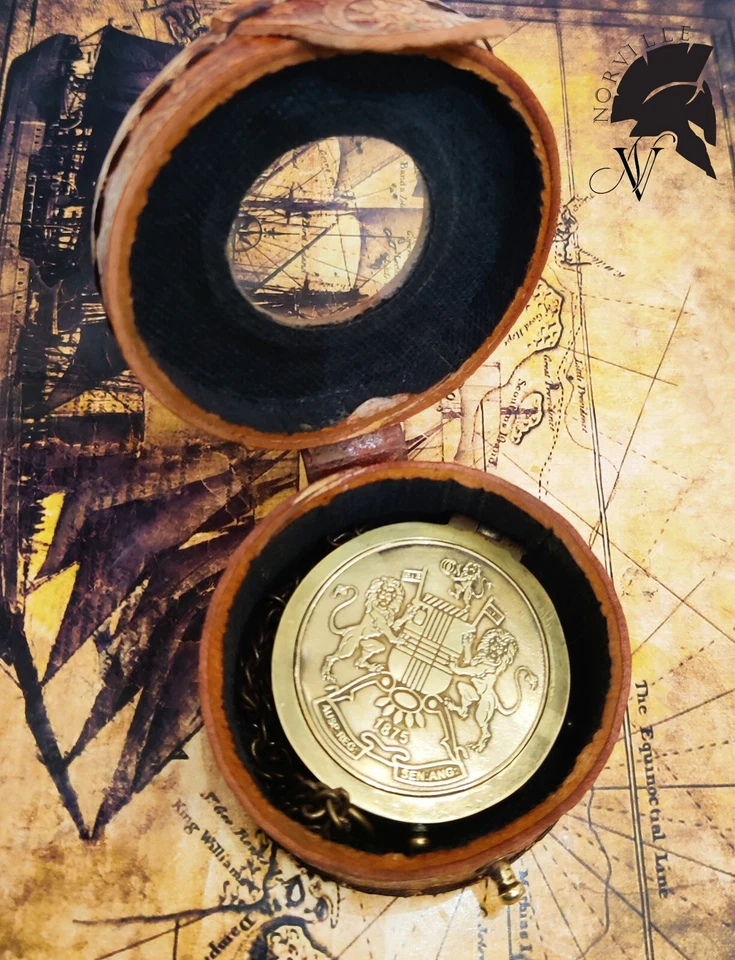 Brújula de latón vintage con estuche de cuero antigua náutica marítima coleccionable Foto 3 de 4