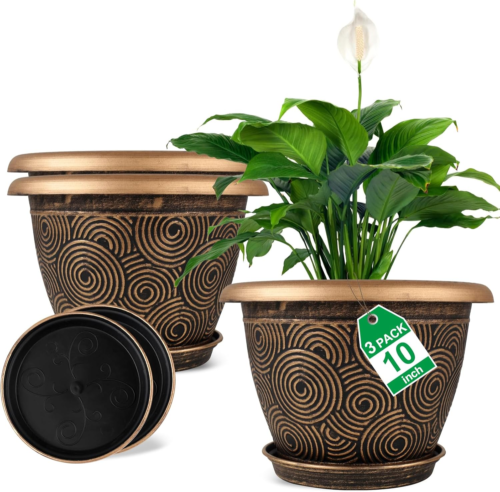 10 Inch Flower Pots Planters for Indoor Outdoor Plants, 3 Pack Plastic Large Pla