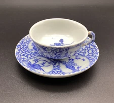 ATQ Chinese Asian Small Tea Cup & Saucer Plate - Blue & White VERY OLD