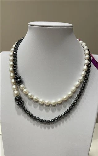 RAJOLA Collana Lunga 90cm Perle Bianche Ematite Grigia Argento Donna Primula - Immagine 4 di 4