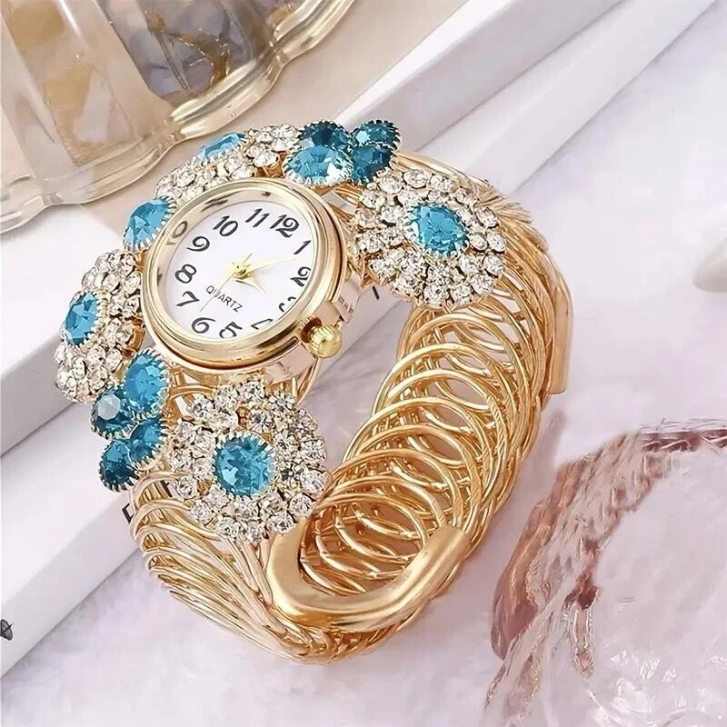 Lujo Moda Mujeres Azul Estrás Cuarzo Reloj Pulsera Brazalete Reloj Regalo Nuevo Foto 2 de 4