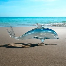 Art Clear Glass Hand Blown Dolphin Aqua Blue Swirl Paperweight Figurine 9”