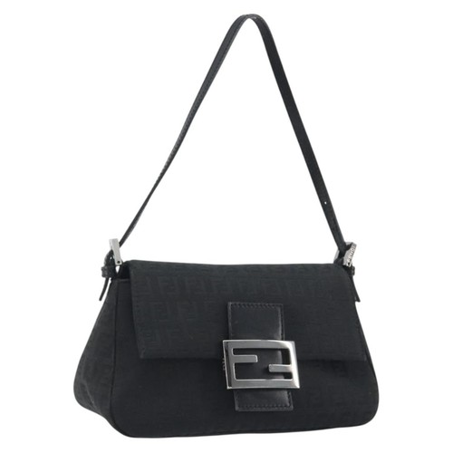 FENDI Zucchino Canvas Mamma Baguette Shoulder Bag Black Silver Auth ki6734M