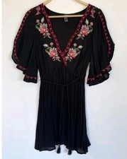 Forever 21 Boho Black Embroidered Mini Dress Peasant Elastic Waist V-neck 3X 