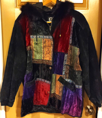 Vintage SUEDE PARKA w FUR TRIM HOOD Sz M Velvet Boho Coat Patchwork Colebrook