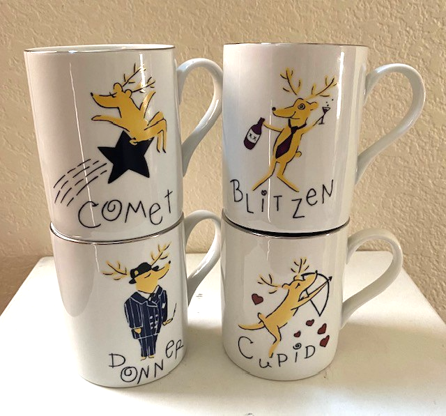 Pottery Barn Christmas Reindeer Mugs Set of 4 Comet Cupid Donner Blitzen Holiday