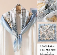 100% Mulberry Silk Scarf Shawl Neckerchief Blue chain Print Square Bandann 35'' 