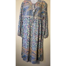 R. Vivimos L Blue Multi Color Peacock Bird Floral Tassel Boho Dress Cottagecore