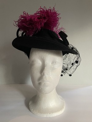 Vintage New York Creation Black Felted Cut Out String Curls Hat/Ostrich Feathers