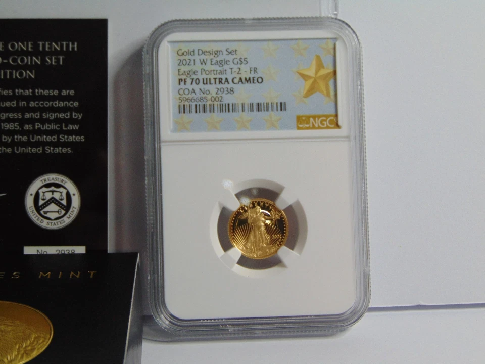 Набор из 2 золотых монет пруф 2021 W Eagle 1/10 унции G$5 дизайнерское издание NGC PF70 с сертификатом подлинности - Изображение 3 из 4