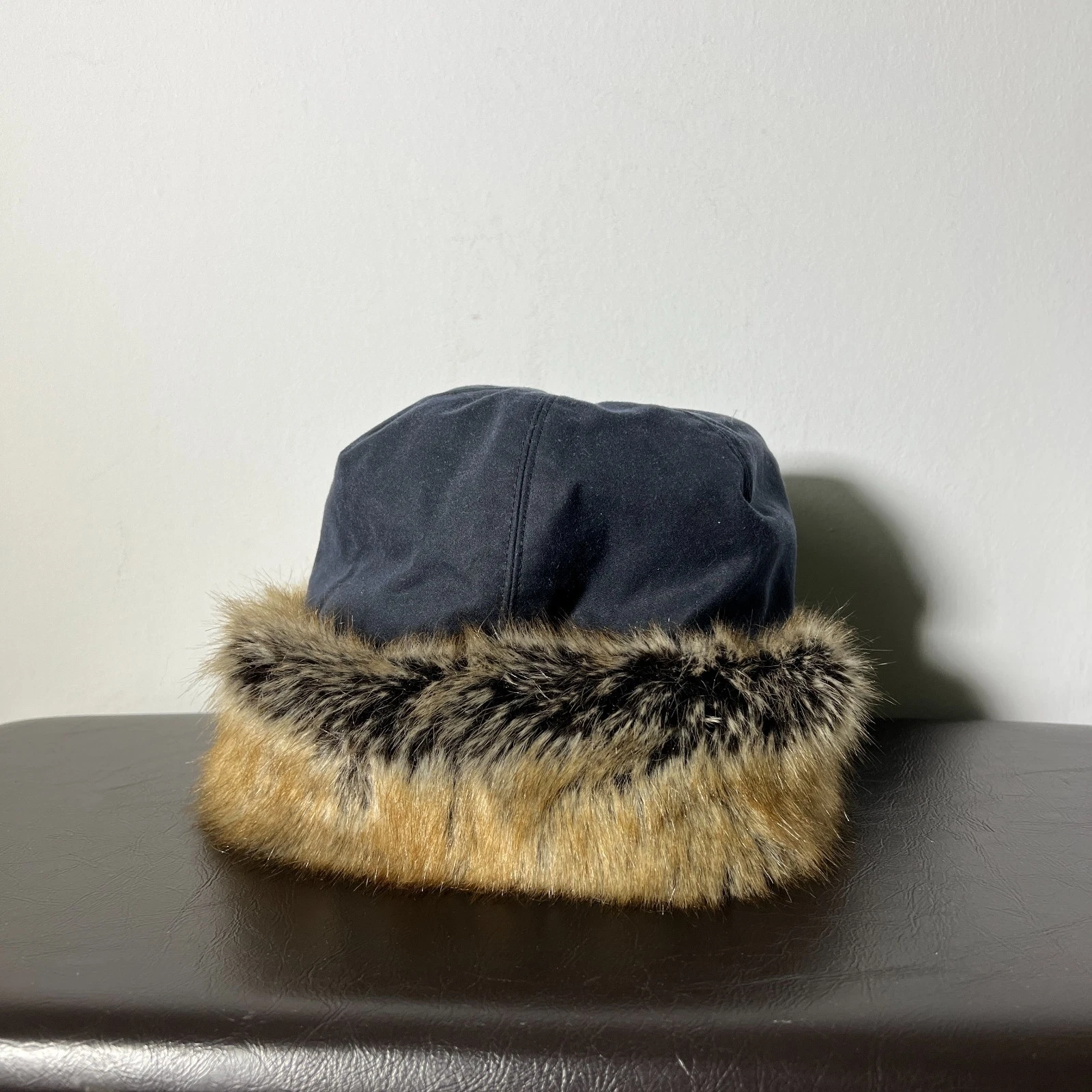 Women's Barbour Ambush Waxed Navy Blue Faux Fur Winter Hat Size M