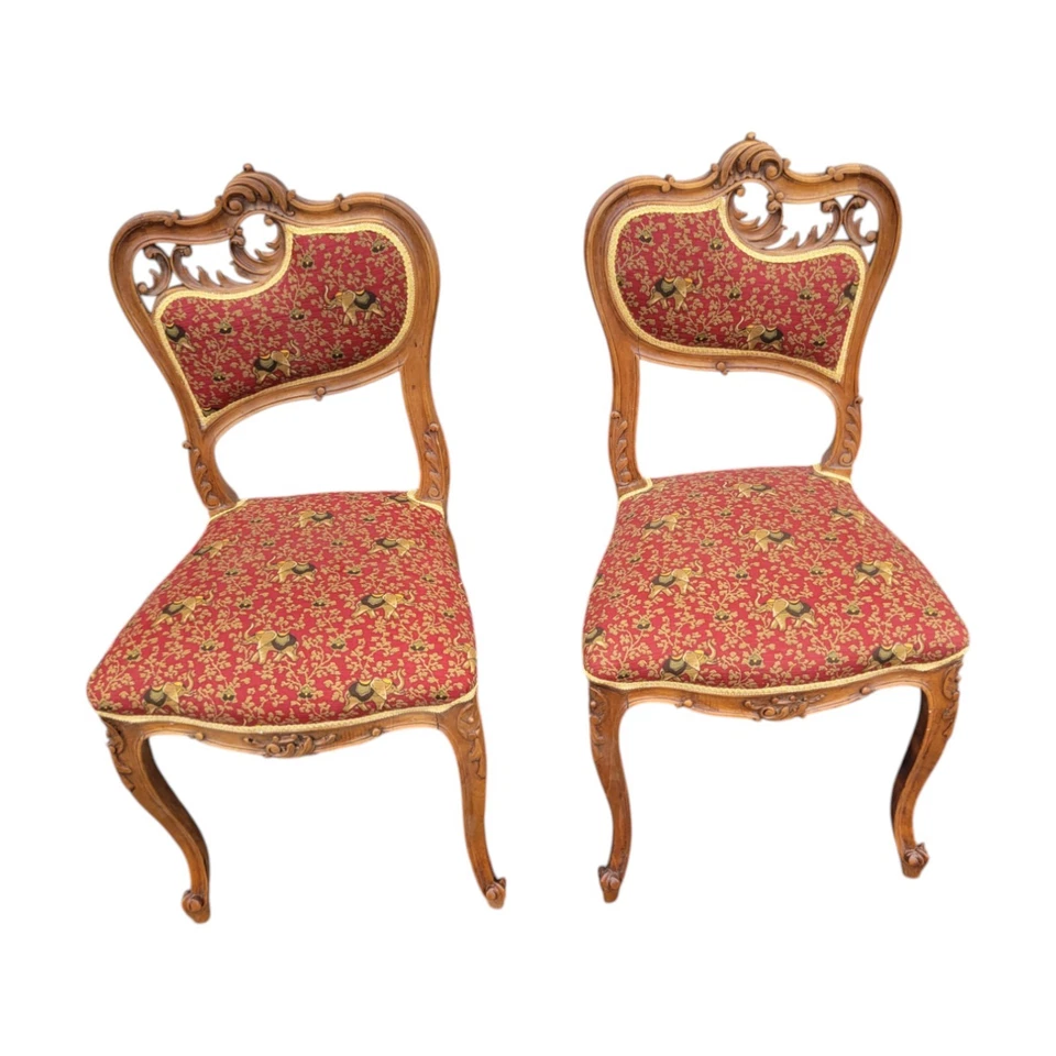 Antique French Louis XV Style Walnut Chairs Pair Ornate Carved Red Upholstery - Image 3 of 4