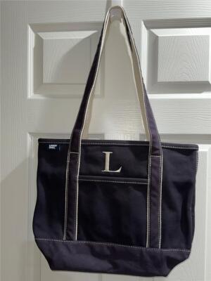 Lands End Zip Top Long Handle Canvas Tote Bag ''L'' Monogram NEW