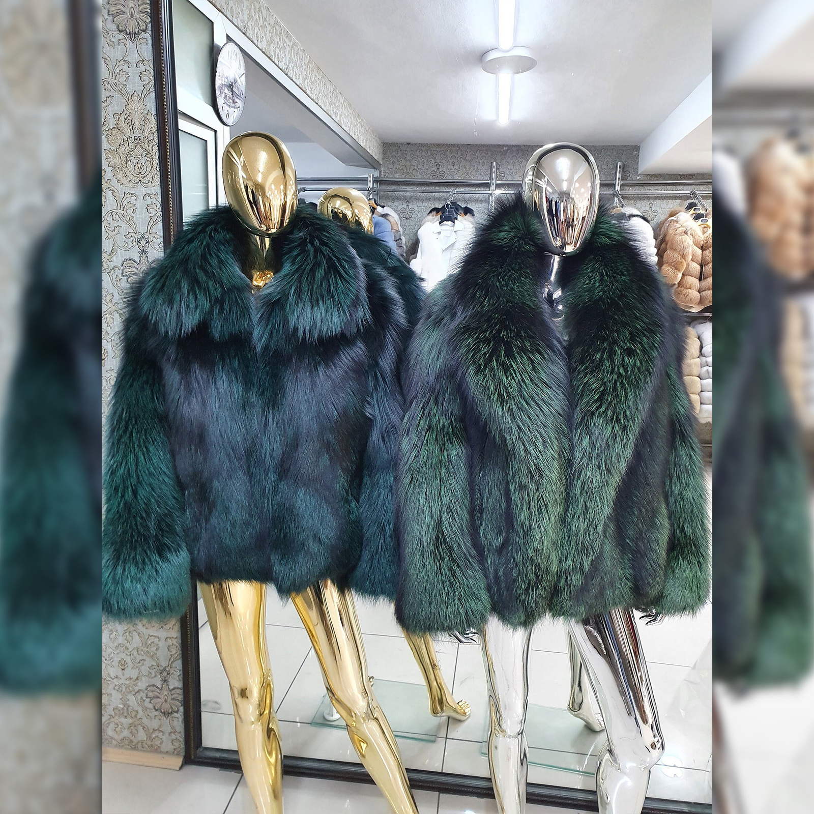 Luxury Green Mens Full Pelt Natural Silver Fox Fur Overcoat Winter Real