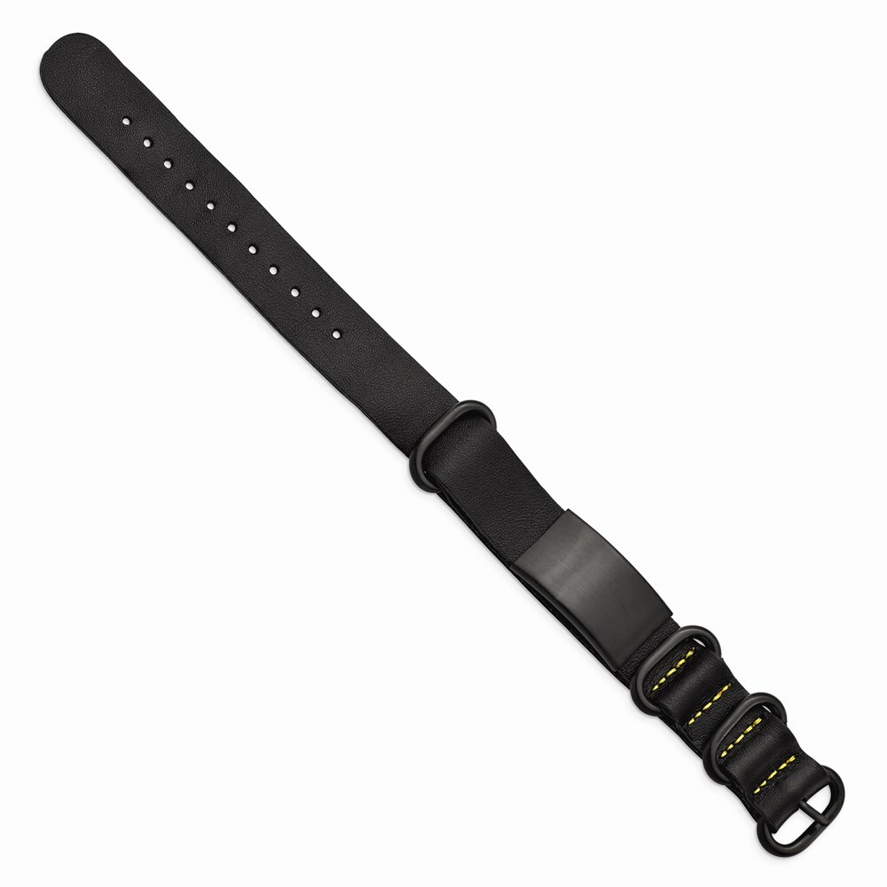 Stainless Steel Brushed Black IP Black Leather Adj. ID Bracelet | eBay