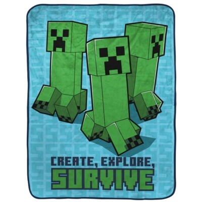 Minecraft Creeper Mob Create, Explore, Survive Throw Blanket, 46'' X 60''