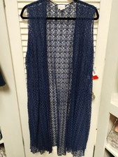 Large Lularoe Joy Vest Lace! Dark Blue Geometric Pattern