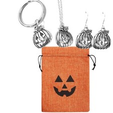 Halloween Jewelry Gift Set Jack-o-Lantern Necklace Earrings Keychain in Gift Bag