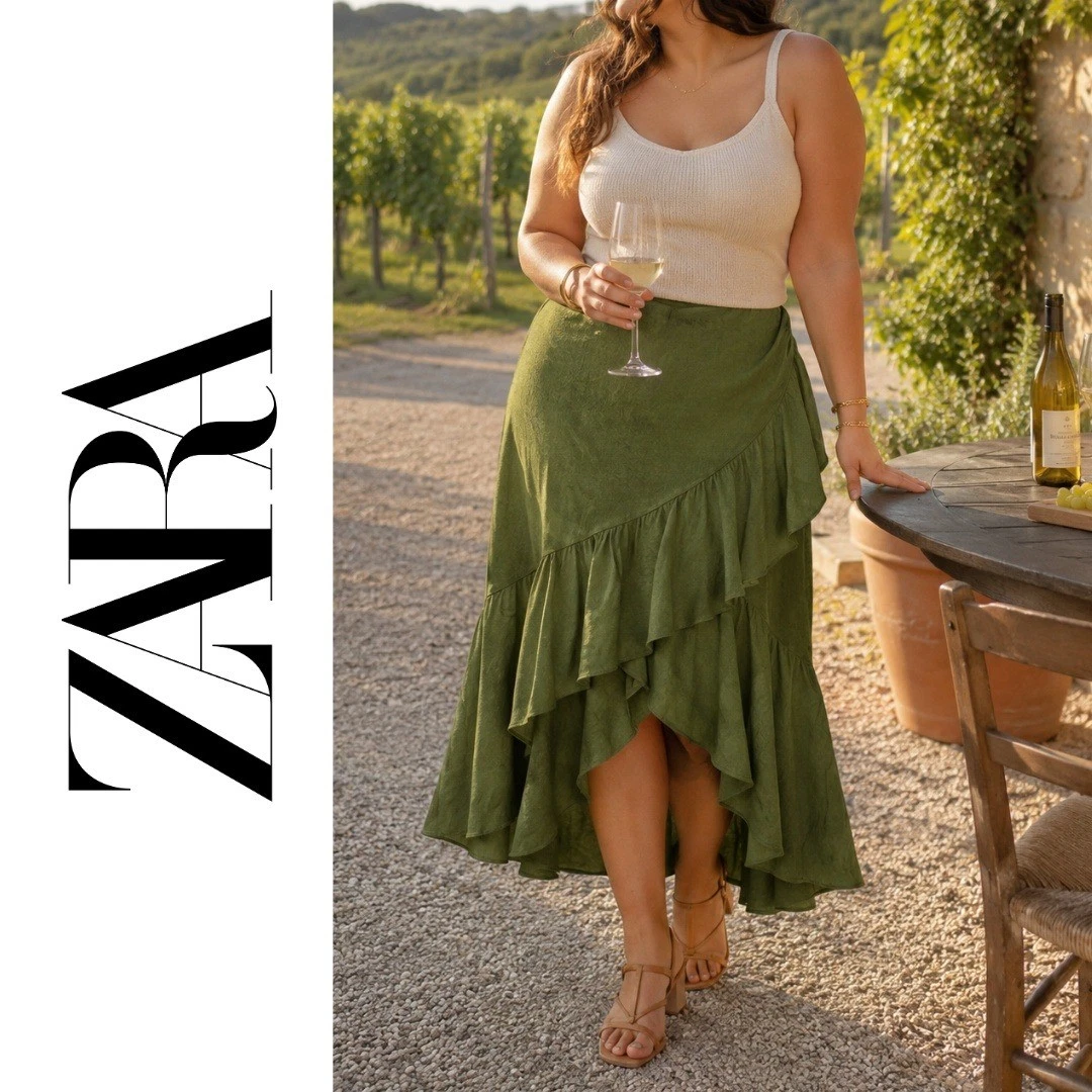 Zara, Olive Green Linen Blend Ruffle Hi Low Asymmetrical Maxi Skirt Size XL