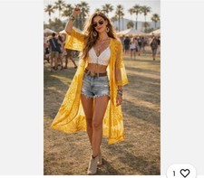 Boho Sheer Duster Mesh Kimono Lace Mustard Yellow Floral Daisy Festival Boho OS