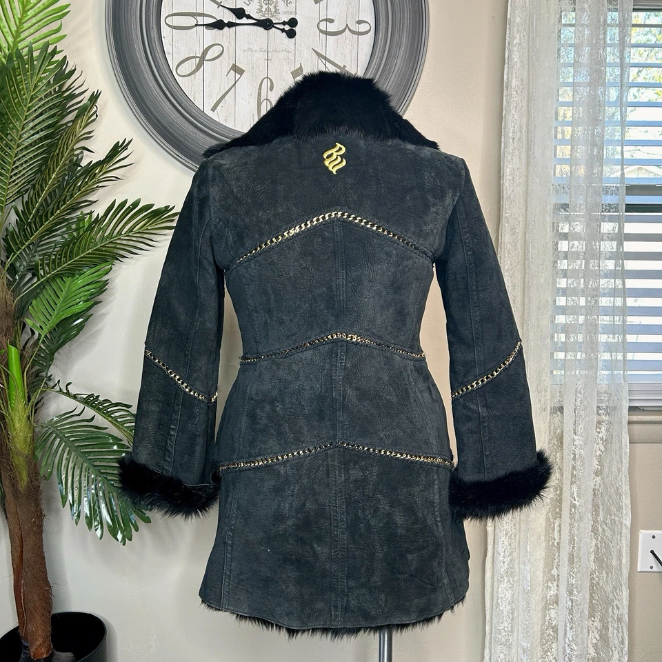 Vintage Rocawear Black Leather Rabbit Fur Coat Women’s XL Gold Chain Trim - Image 2 of 4