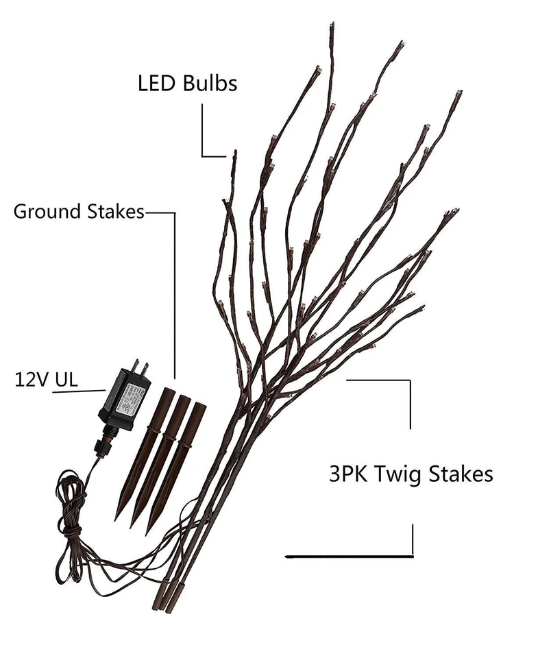 3PK 30" Brown Lighted Twig Branches Pathway Light 60 LED Warm White Bulbs for... - Image 2 of 4