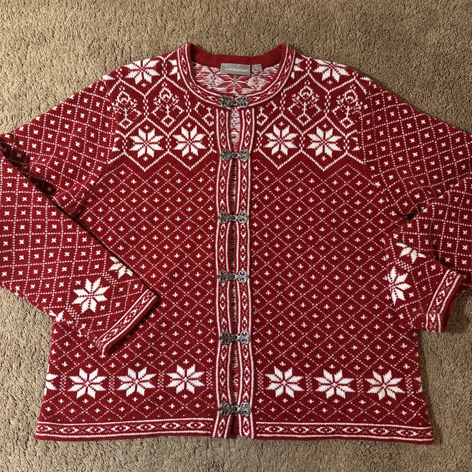 Croft Barrow Red White Fair Isle Nordic Snowflake Sweater Clasp Cardigan Large