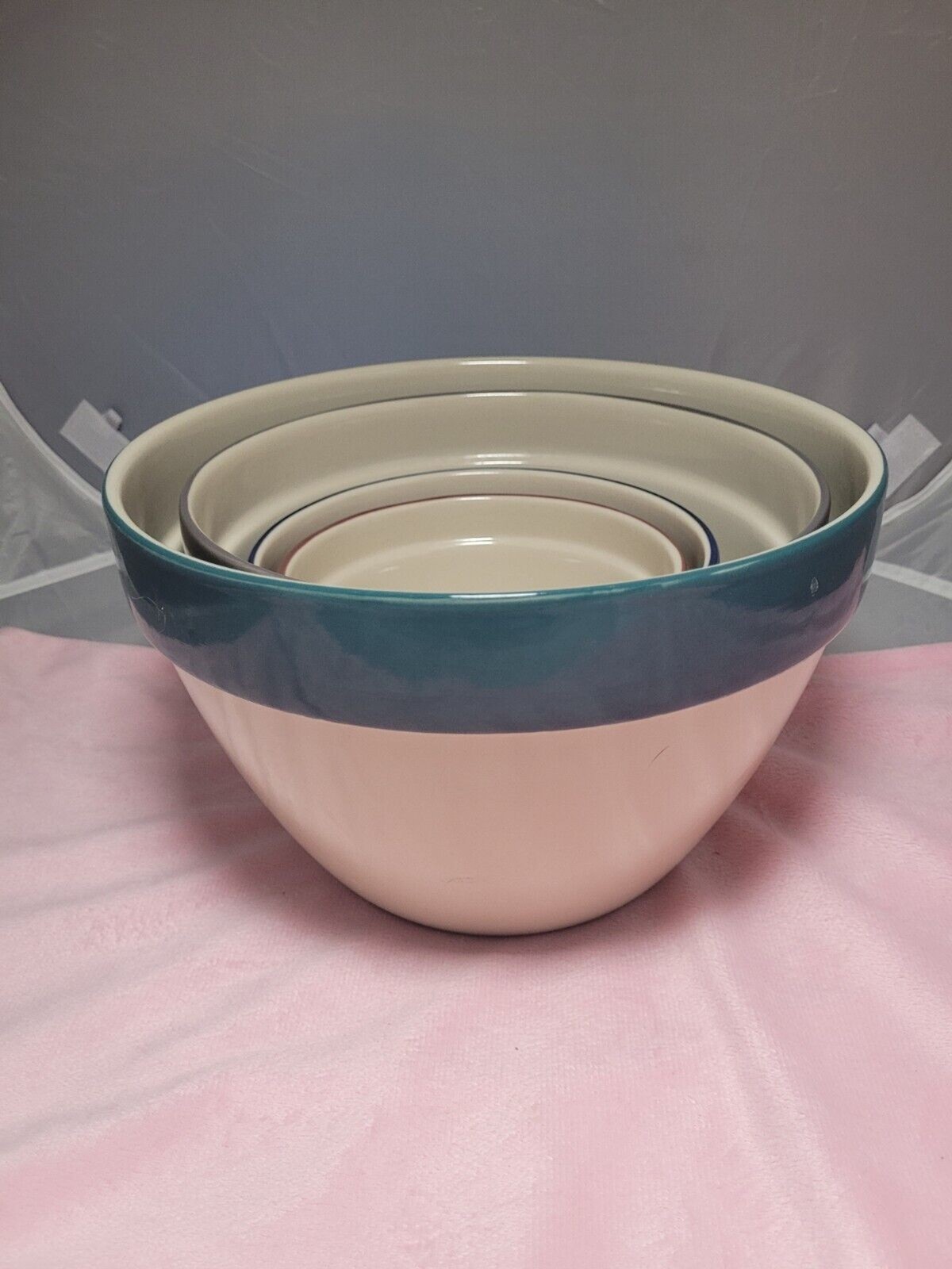 4 Blue Rim Nesting Mixing Bowls Set Over & Back Inc. Indoor Outfitters Portugal