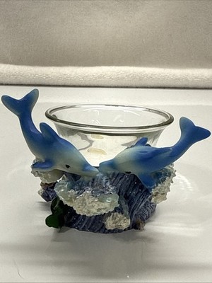 Dolphin Tea Candle Holder  2  Tall, Blue Dolphins Riding A Wave Ocean Decor