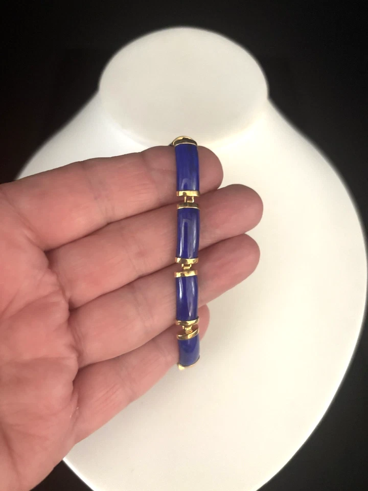 Brazalete vintage de oro amarillo macizo de 14k y lapislázuli símbolo oriental panel Foto 2 de 4