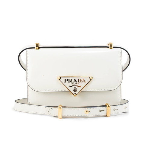 Prada White Soft Calfskin Triangle Logo Gold Hardware Flap Shoulder Bag