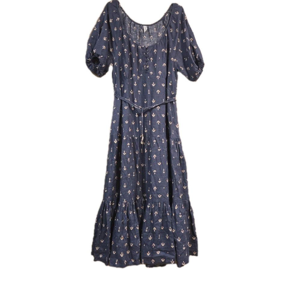 KIVARI Linen Dress Size 14 Ari Baby Doll Tiered Midi Maxi Belt Blue Grey EUC