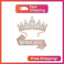 Papoopy Birthday Tiara Crown with Sash for Women, Headband Hair Accessories for