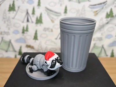 Mini Raccoon w/ Santa Hat Trash Can 3D Printed Articulated Flexi Fidget Desk Toy