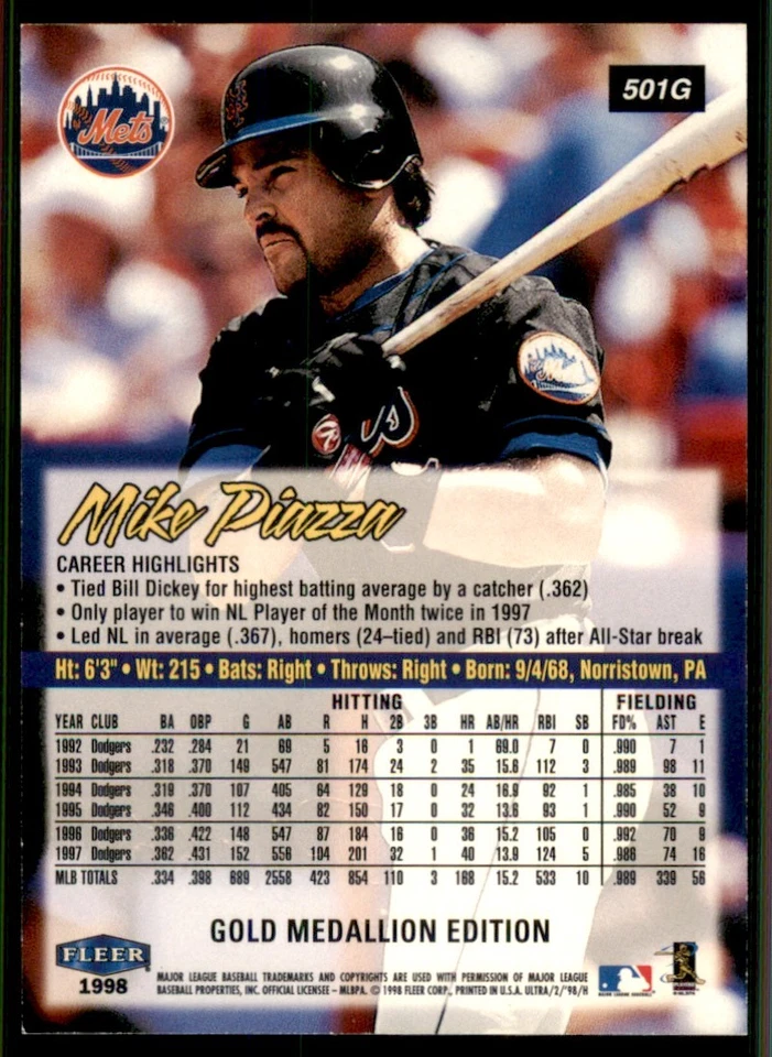 1998 Fleer Ultra Gold Medallion #501G Mike Piazza New York Mets - Image 2 of 2