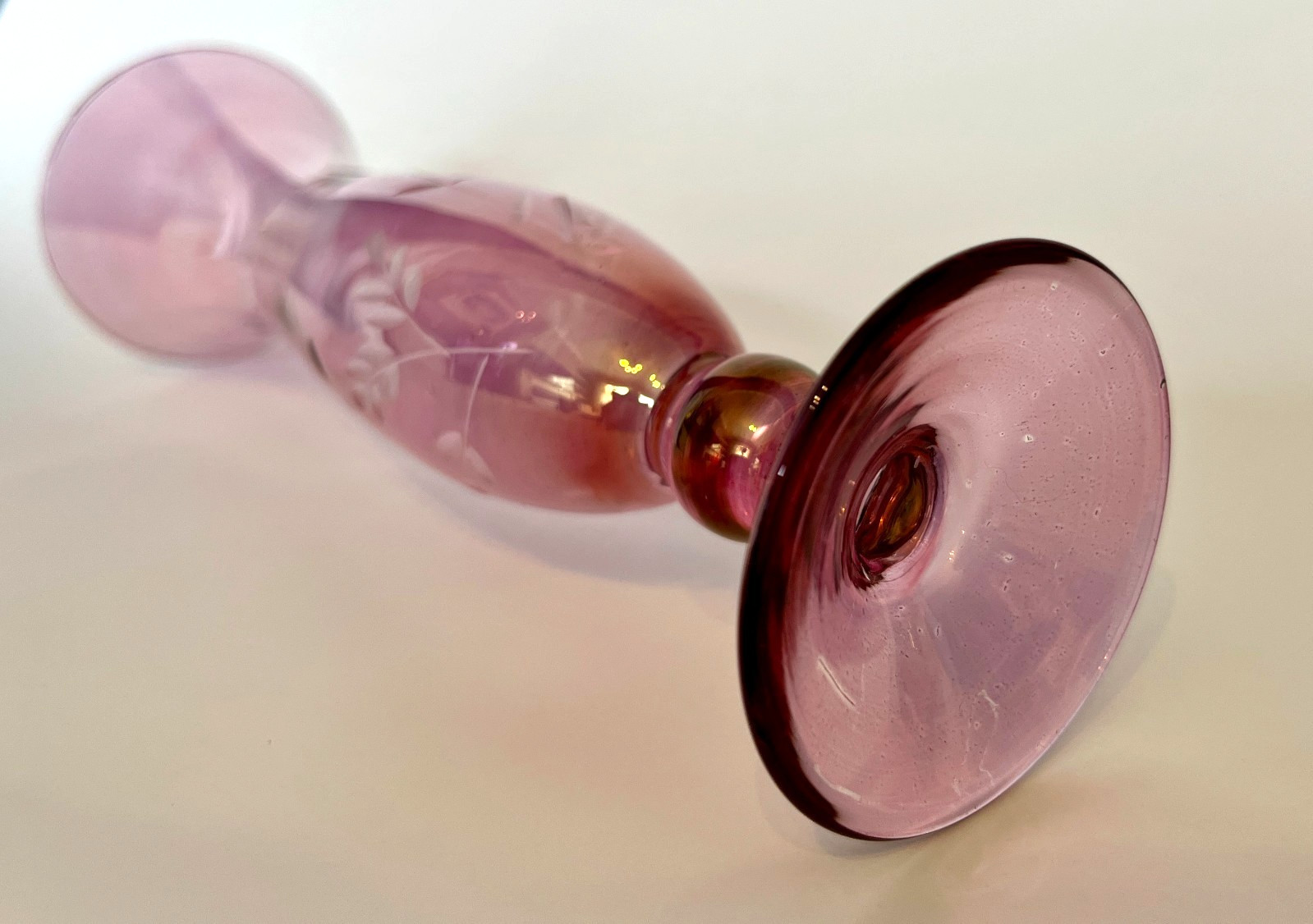 Vintage Cranberry Pink Glass Bud Vase Etched Floral Vase Hand Blown 18cm image 8