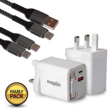 Maplin 65W Fast Charge Bundle USB-C GaN Retractable, 2x PD USB-C Cables 2m