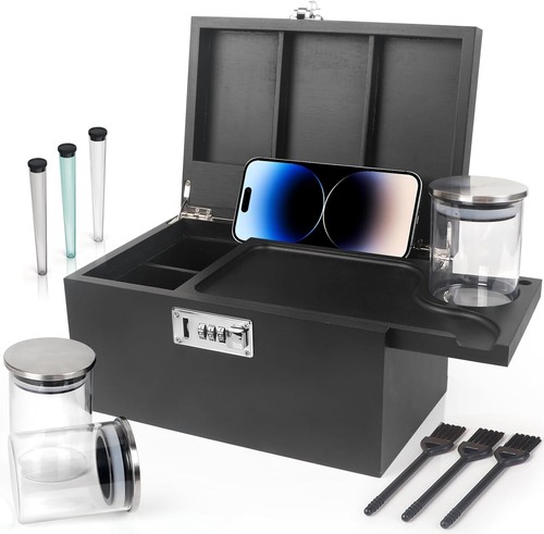 Elegant Bamboo Storage Box with Detachable Compartment & Glass Jars Included - Picture 3 of 10