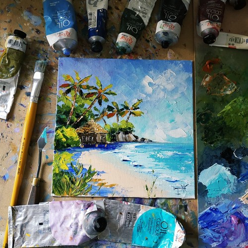 Tropical Beach Hawaii Painting Art Landscape Impasto Oil Painting Original 8х8 - Picture 2 of 7