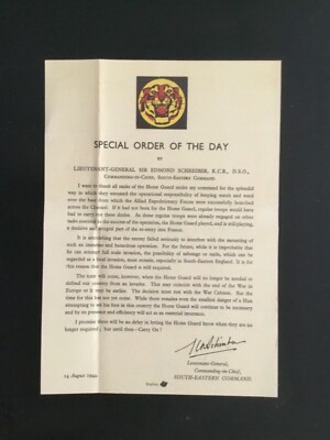 1944 WWII THE HOME GUARD : SPECIAL ORDER OF THE DAY LT. GENERAL SIR E. SCHREIBER