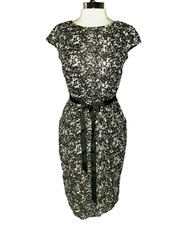 ALEX EVENINGS Size 8 Sheath Dress Black White Floral Shimmery Cap Sleeve Pockets