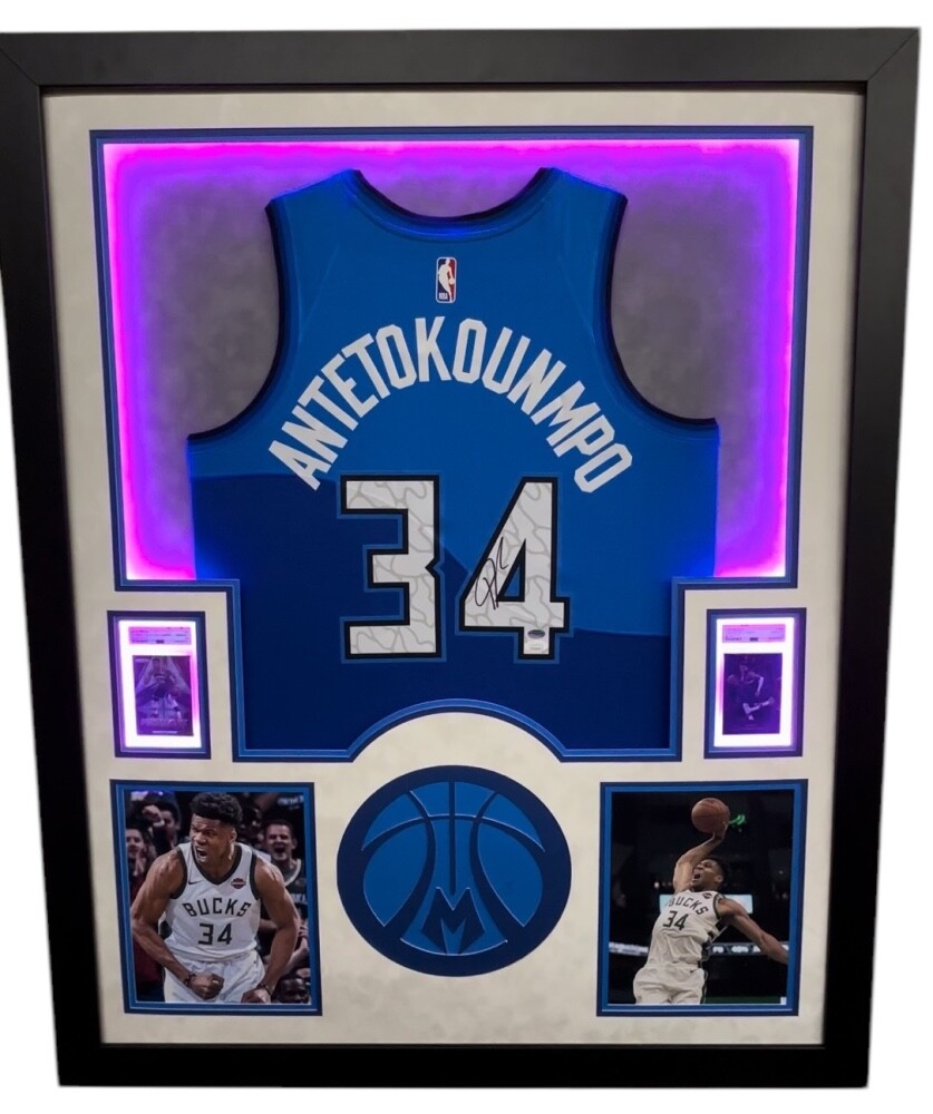 Giannis Antetokounmpo Signed Framed Bucks LED Backlit Jersey Display 2 PSA view 4