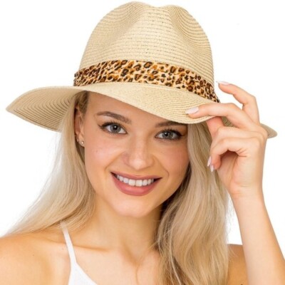 O’diva Hat Fedora Leopard Band Toyo Straw Standard Brim Fedora Rancher Beach Hat Leopard Band Toyo Straw Safari Fedora Hat – Village Hat Shop main image 3