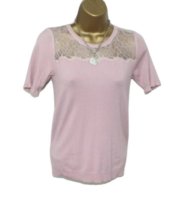 Lipsy Rosa Top 10 Kurzarm Spitzendetail Feinstrick Pullover Abend Sexy Süß