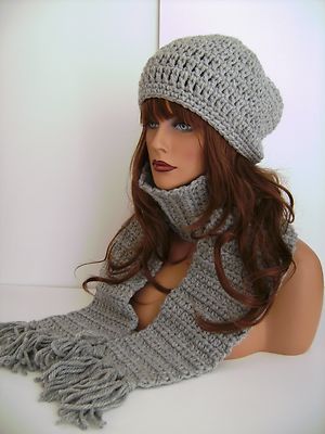 GRAY HEATHER HAND CROCHET HAT AND SCARF SET HAND MADE BEANIE