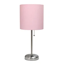 Table Lamp Charging Outlet 19.5 in. Light Pink Fabric Shade Brushed Steel Base
